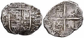 Felipe II (1556-1598). 4 reales. 1592. Sevilla. B. (Cal 2008-401). (Cal 2019-587). Ag. 13,64 g. Fecha completa de cuatro dígitos. Pequeña grieta. Rara...