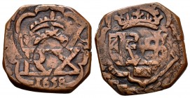Felipe IV (1621-1665). 4 maravedís. 1658. Segovia. Ae. 5,41 g. Resello valor 4, octogonal que ocupa toda la moneda. MBC+. Est...60,00.