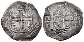 Felipe IV (1621-1665). 8 reales. 1653. Potosí. E. (Cal 2008-437). (Cal 2019-1503). Ag. 24,57 g. Visible el numeral del rey. Doble fecha. MBC+. Est...4...