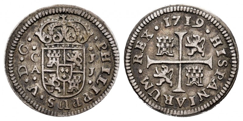 Felipe V (1700-1746). 1/2 real. 1719. Cuenca. JJ. (Cal 2019-105). Ag. 1,26 g. Le...