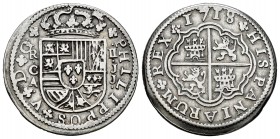 Felipe V (1700-1746). 2 reales. 1718. Cuenca. JJ. (Cal 2019-670). Ag. 5,33 g. MBC-. Est...50,00.