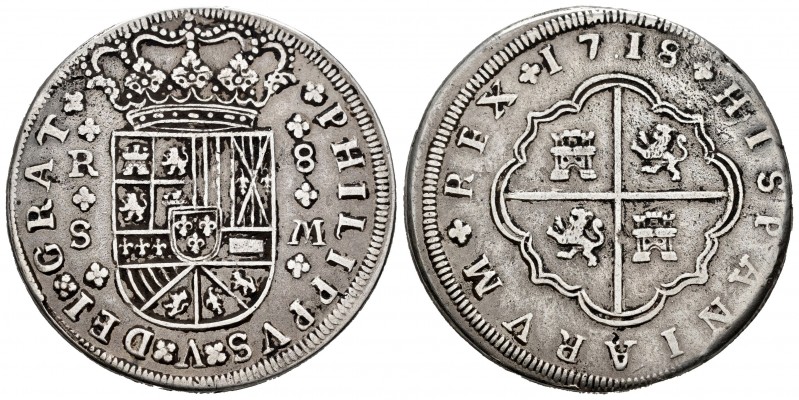 Felipe V (1700-1746). 8 reales. 1718. Sevilla. M. (Cal 2019-1617 variante). Ag. ...