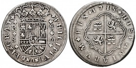 Felipe V (1700-1746). 8 reales. 1718. Sevilla. M. (Cal 2019-1617 variante). Ag. 20,44 g. Armas de Borgoña y Austria intercambiadas. Limpiada. Muy esca...