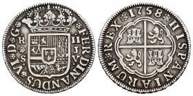 Fernando VI (1746-1759). 2 reales. 1758. Sevilla. JV. (Cal 2019-343). Ag. 5,79 g. MBC. Est...45,00.