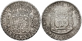 Fernando VI (1746-1759). 8 reales. 1752. México. MF. (Cal 2019-477). Ag. 27,22 g. Cuño sucio. MBC. Est...200,00.