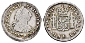 Carlos III (1759-1788). 1/2 real. 1780. Lima. MI. (Cal 2019-137). Ag. 1,58 g. MBC-/MBC. Est...35,00.