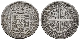 Carlos III (1759-1788). 2 reales. 1766. Sevilla. VC. (Cal 2019-776). Ag. 5,57 g. Único año con este ensayador. Escasa. BC+. Est...50,00.