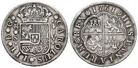 Carlos III (1759-1788). 4 reales. 1761. Sevilla. JV. (Cal 2019-977). Ag. 13,06 g. Único año de este tipo y ensayador. Escasa. MBC/MBC-. Est...150,00....