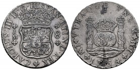 Carlos III (1759-1788). 8 reales. 1764. Lima. JM. (Cal 2019-1028). Ag. 26,89 g. Restos de soldadura en reverso. MBC/MBC-. Est...200,00.