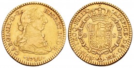 Carlos III (1759-1788). 2 escudos. 1788. México. FM. (Cal 2008-492 variante). Au. 6,73 g. Marca de ceca y ensadores invertidos. Muy rara. MBC+. Est......