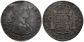 Carlos IV (1788-1808). 8 reales. 1808. Lima. JP. (Cal 2019-928). Ag. 26,89 g. Pequeñas contramarcas en reverso. MBC. Est...50,00.