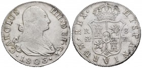 Carlos IV (1788-1808). 8 reales. 1803. Madrid. FA. (Cal 2019-941). Ag. 26,72 g. Limpiada. Escasa. EBC-. Est...250,00.