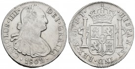 Carlos IV (1788-1808). 8 reales. 1802. México. FT. (Cal 2019-975). Ag. 26,90 g. Limpiada. MBC+. Est...100,00.