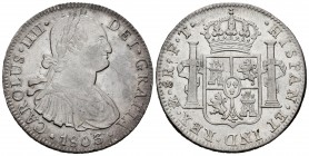 Carlos IV (1788-1808). 8 reales. 1803. México. FT. (Cal 2019-977). Ag. 26,95 g. MBC+/EBC-. Est...110,00.