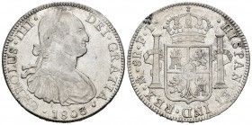 Carlos IV (1788-1808). 8 reales. 1803. México. FT. (Cal 2019-977). Ag. 26,85 g. Rayitas. MBC. Est...50,00.