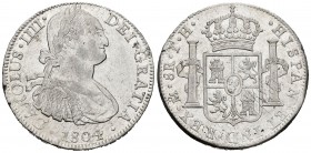 Carlos IV (1788-1808). 8 reales. 1804. México. TH. (Cal 2019-980). Ag. 26,92 g. Rayitas. MBC. Est...50,00.