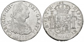 Carlos IV (1788-1808). 8 reales. 1805. México. TH. (Cal 2019-983). Ag. 26,94 g. Rayitas. Restos de brillo original. MBC+. Est...60,00.