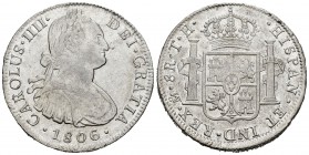 Carlos IV (1788-1808). 8 reales. 1806/7. México. TH. (Cal 2019-985). Ae. 27,07 g. Sobrefecha muy tenue. Restos de brillo original. MBC+. Est...70,00.