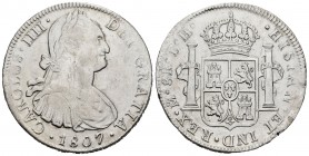 Carlos IV (1788-1808). 8 reales. 1807. México. TH. (Cal 2019-985). Ag. 26,93 g. Limpiada. MBC/MBC+. Est...50,00.