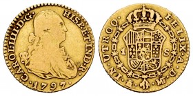 Carlos IV (1788-1808). 1 escudo . 1797. Madrid. MF. (Cal 2019-1115). Au. 3,24 g. BC/BC+. Est...140,00.