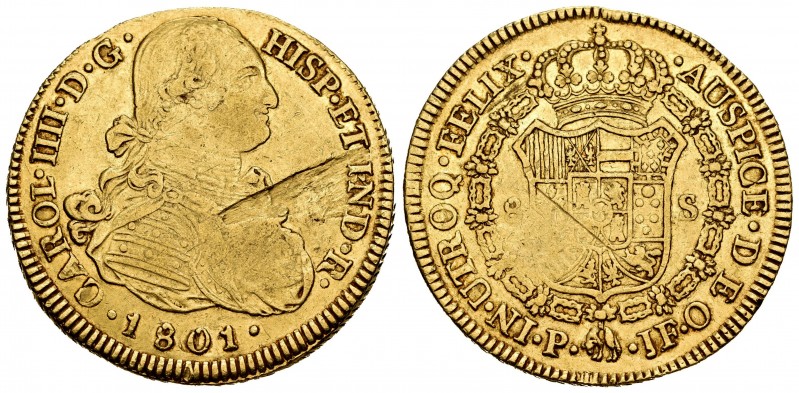 Carlos IV (1788-1808). 8 escudos. 1801. Popayán. JF. (Cal 2019-1675). Au. 26,71 ...