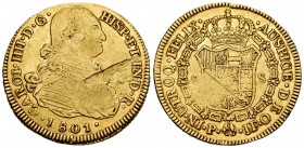 Carlos IV (1788-1808). 8 escudos. 1801. Popayán. JF. (Cal 2019-1675). Au. 26,71 g. Leyenda FELIX sobre EELIX. Fuerte hoja en anverso. Escasa. MBC-. Es...