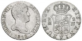 Fernando VII (1808-1833). 2 reales. 1812. Madrid. (Cal-823). Ag. 5,83 g. Escasa en esta conservación. EBC-. Est...170,00.