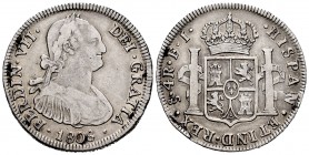 Fernando VII (1808-1833). 4 reales. 1808/7. Santiago. FJ. (Cal 2008-907 variante). (Cal 2019-872). Ag. 13,42 g. Busto de Carlos IV. Rara. MBC-/MBC. Es...