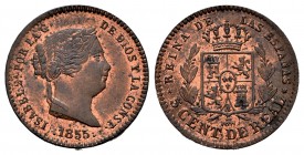 Isabel II (1833-1868). 5 céntimos de real. 1855. Segovia. (Cal 2019-160). Ae. 1,99 g. Restos de brillo original. EBC+. Est...50,00.