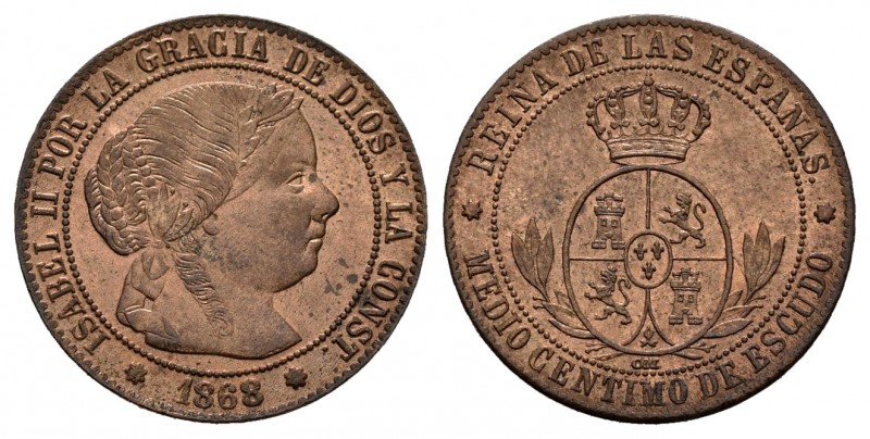 Isabel II (1833-1868). 1/2 céntimo de escudo. 1868. Sevilla. OM. (Cal 2019-212)....