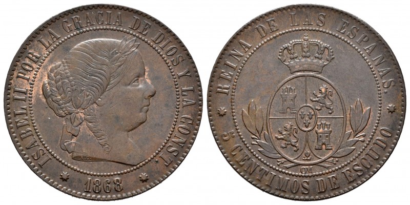 Isabel II (1833-1868). 5 céntimos de escudo. 1868. Barcelona. OM. (Cal 2019-246)...