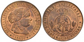 Isabel II (1833-1868). 5 céntimos de escudo. 1868. Barcelona. OM. (Cal 2019-246). Ag. 12,12 g. Restos de brillo original. EBC-. Est...100,00.
