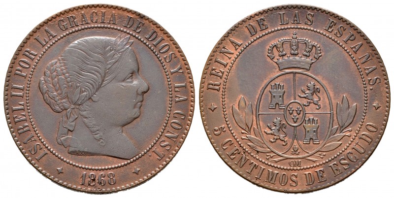 Isabel II (1833-1868). 5 céntimos de escudo. 1868. Jubia. OM. (Cal 2019-249). Ae...