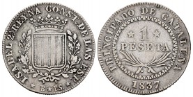 Isabel II (1833-1868). 1 peseta. 1837. Barcelona. PS. (Cal 2019-272). Ag. 5,64 g. Escasa. MBC. Est...150,00.