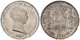 Isabel II (1833-1868). 20 reales. 1855. Madrid. (Cal 2019-597). Ag. 25,83 g. Oxidaciones superficiales en reverso. EBC/EBC-. Est...150,00.