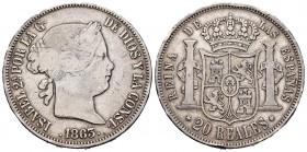 Isabel II (1833-1868). 20 reales. 1863. Madrid. (Cal 2019-643). Ag. 25,66 g. Golpes en el canto. MBC-. Est...75,00.