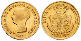 Isabel II (1833-1868). 100 reales. 1855. Sevilla. (Cal 2019-796). Au. 8,40 g. Golpecitos en el canto. MBC-/MBC. Est...375,00.