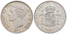 Alfonso XII (1874-1885). 5 pesetas. 1877. Madrid. DEM. (Cal 2019-38). Ag. 24,82 g. MBC+. Est...30,00.