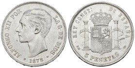 Alfonso XII (1874-1885). 5 pesetas. 1878. Madrid. EMM. (Cal-41). Ag. 24,12 g. Limpiza superficial en anverso. MBC+/EBC-. Est...110,00.