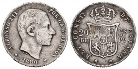 Alfonso XII (1874-1885). 20 centavos. 1880. Manila. (Cal-103). Ag. 4,86 g. Escasa. BC+. Est...60,00.