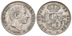 Alfonso XII (1874-1885). 20 centavos. 1884. Manila. (Cal 2019-110). Ag. 5,07 g. Escasa. MBC. Est...60,00.