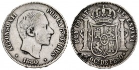 Alfonso XII (1874-1885). 50 centavos. 1880. Manila. (Cal 2019-112). Ag. 12,84 g. Rayita en el cuello. Fallo de metal en reverso. Rara. MBC. Est...180,...