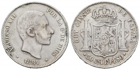 Alfonso XII (1874-1885). 50 centavos. 1884. Manila. (Cal-121). Ag. 12,79 g. Muy escasa. MBC-. Est...250,00.