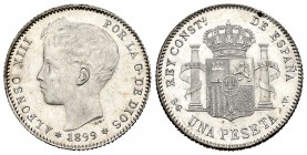 Alfonso XIII (1886-1931). 1 peseta. 1899*18-99. SGV. (Cal 2019-57). Ag. 5,07 g. Pleno brillo original. SC. Est...100,00.