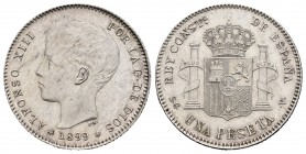 Alfonso XIII (1886-1931). 1 peseta. 1899*18-99. Madrid. SGV. (Cal 2019-57). Ag. 4,97 g. Brillo original. SC-. Est...80,00.