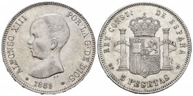 Alfonso XIII (1886-1931). 5 pesetas. 1889*18-89. Madrid. MPM. (Cal 2019-93). Ag. 24,79 g. Parte de brillo original. EBC. Est...200,00.