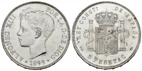 Alfonso XIII (1886-1931). 5 pesetas. 1899*18-99. Madrid. SGV. (Cal 2019-110). Ag. 24,82 g. Mínimas marcas. Brillo original. EBC+. Est...90,00.