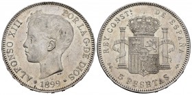 Alfonso XIII (1886-1931). 5 pesetas. 1899*18-99. Madrid. SGV. (Cal 2019-110). Ag. 25,07 g. Golpecito en el canto. EBC. Est...75,00.