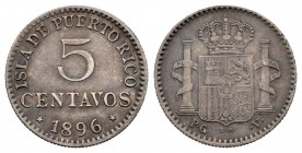 Alfonso XIII (1886-1931). 5 centavos. 1896. Puerto Rico. PGV. (Cal 2019-124). Ag. 1,29 g. MBC+. Est...60,00.