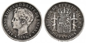 Alfonso XIII (1886-1931). 10 centavos. 1896. Puerto Rico. PGV. (Cal 2019-125). Ag. 2,54 g. MBC-. Est...65,00.